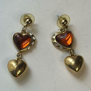 Gold tone fashion dangle statement earrings with orange resin hearts